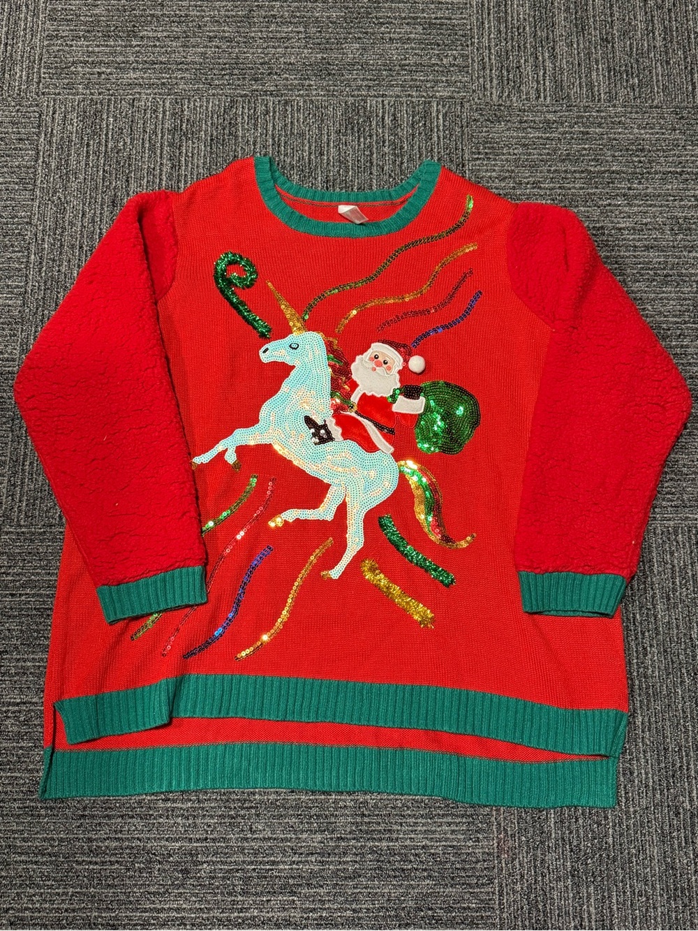 Holiday Time Red Women’s Christmas Sweater with Green Trim & Sequin Unicorn